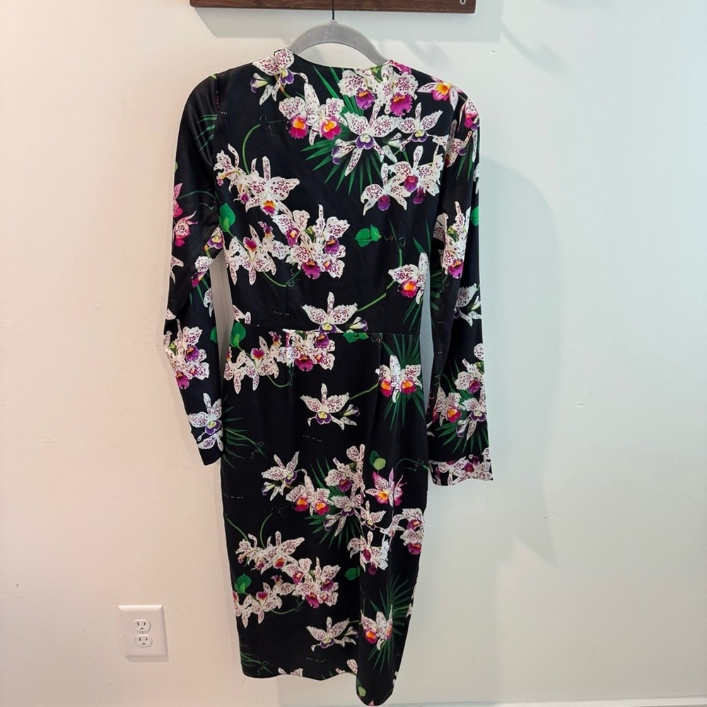 Fleur‎ du Mal Orchid Floral Silk Wrap Dress Black Purple Long Sleeve Small - Picture 6 of 11